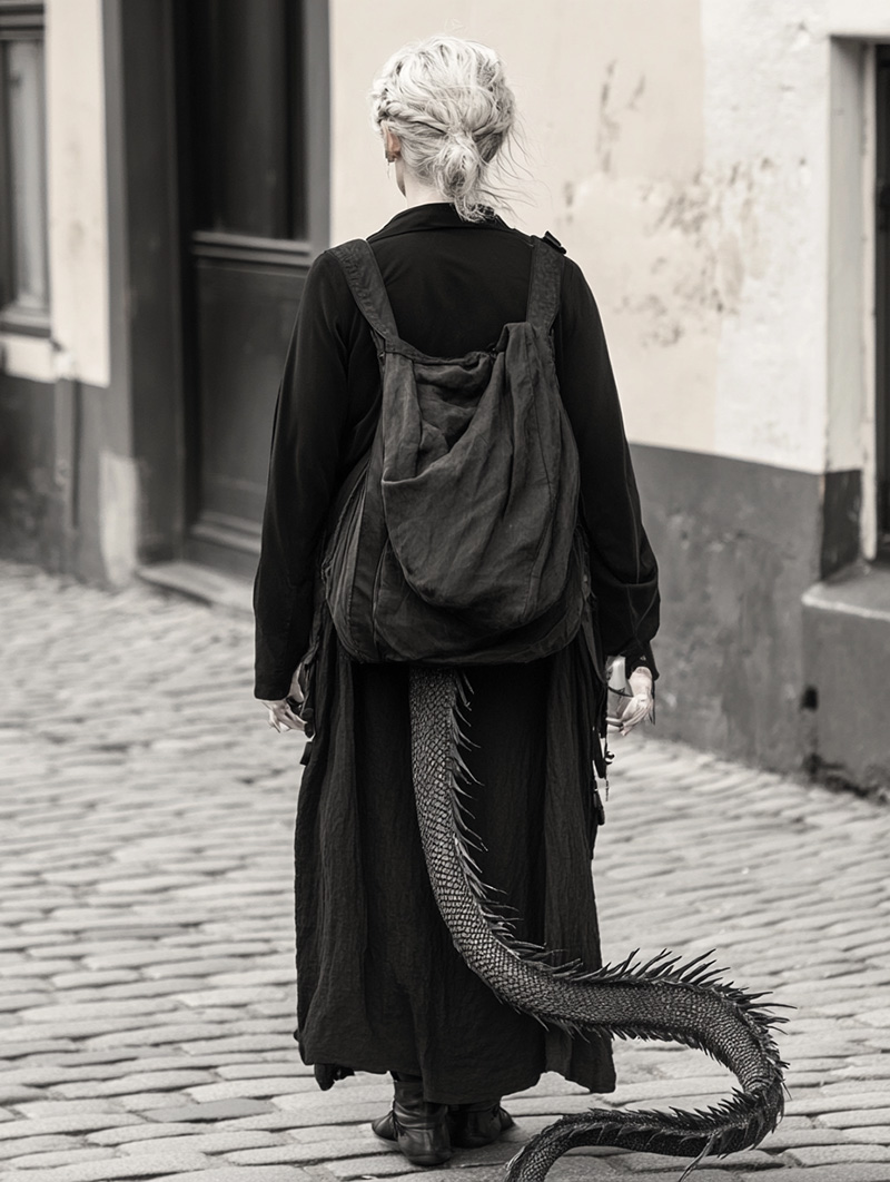 Line-Fjord_middle-aged_woman_with_a_dragons_tail_ai-genereret